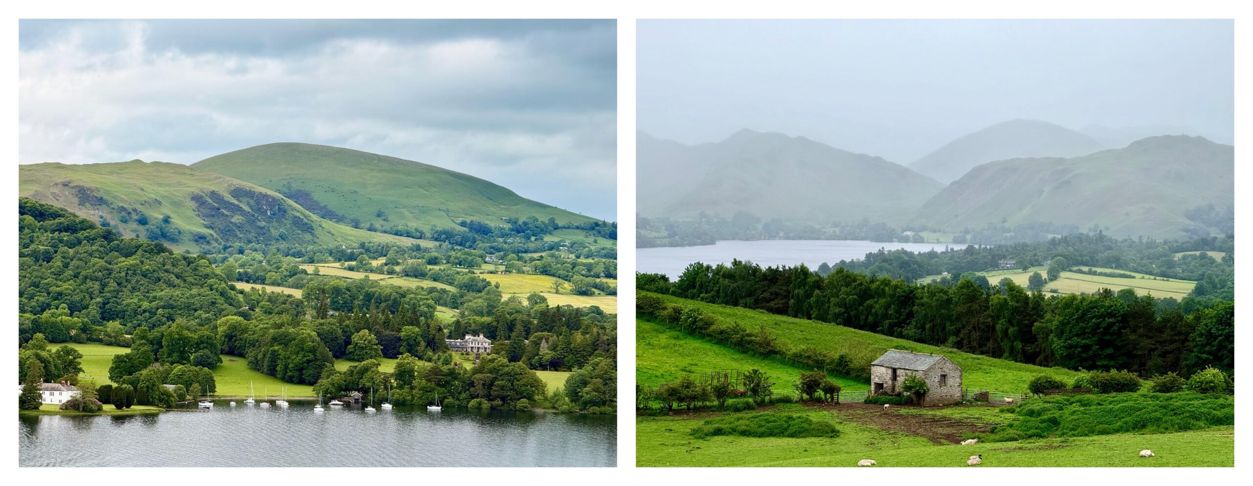 Lush green hills and a lake in the Lake District, England.