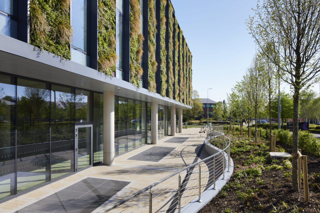 Trinity House, BREEAM Outstanding winner, with living green wall and modern architecture.
