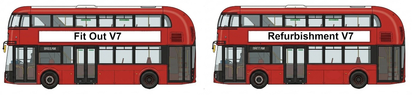 Two red double-decker buses, one with "Fit Out V7" and the other with "Refurbishment V7" on its side.