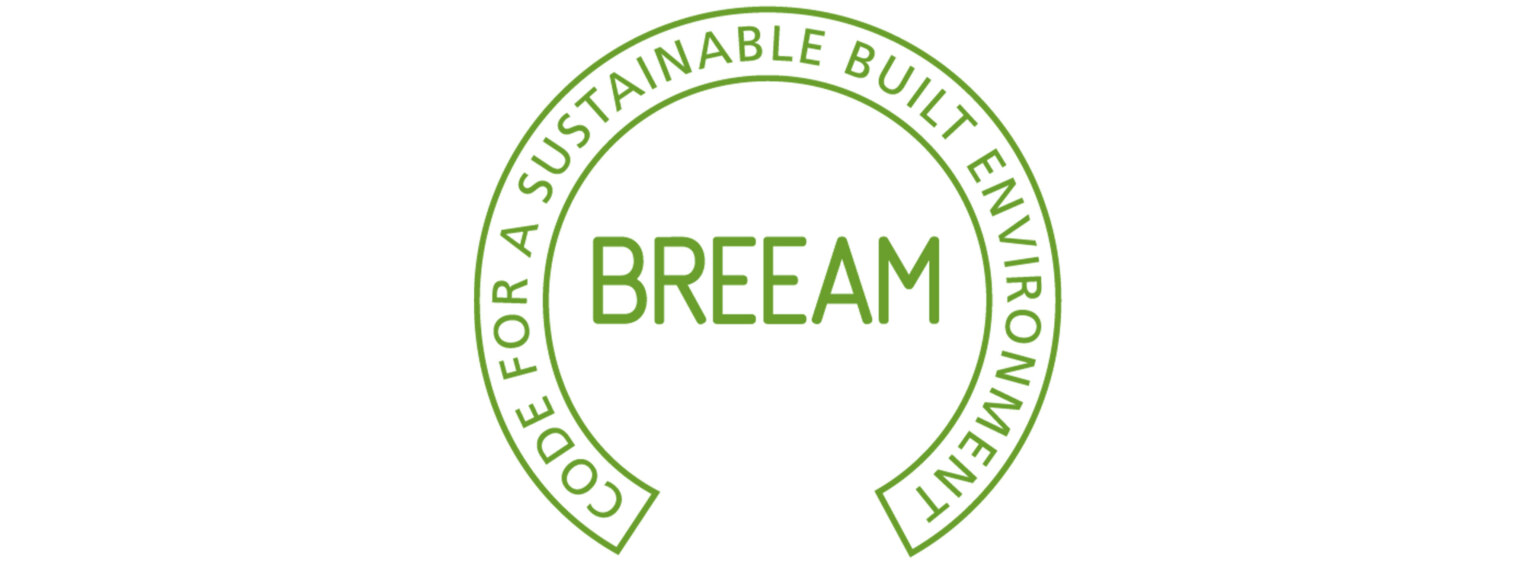 BREEAM logo, a circular green seal for a sustainable built environment